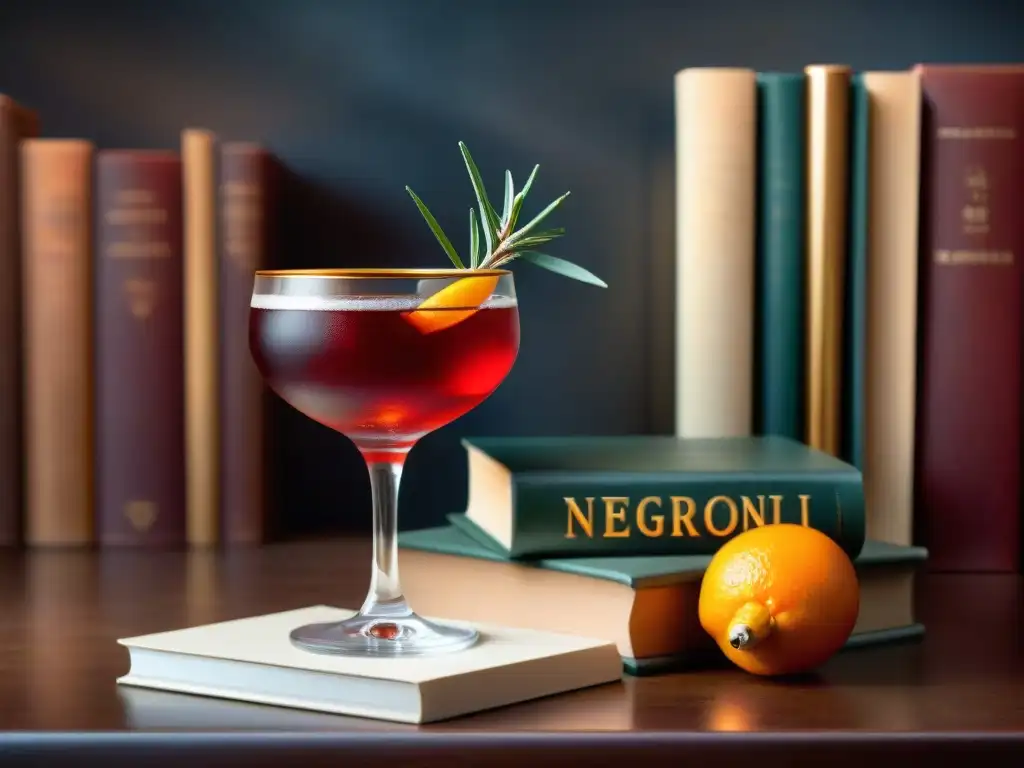 Un elegante vaso de cóctel con un líquido rojo, adornado con piel de naranja y romero, junto a libros antiguos iluminados