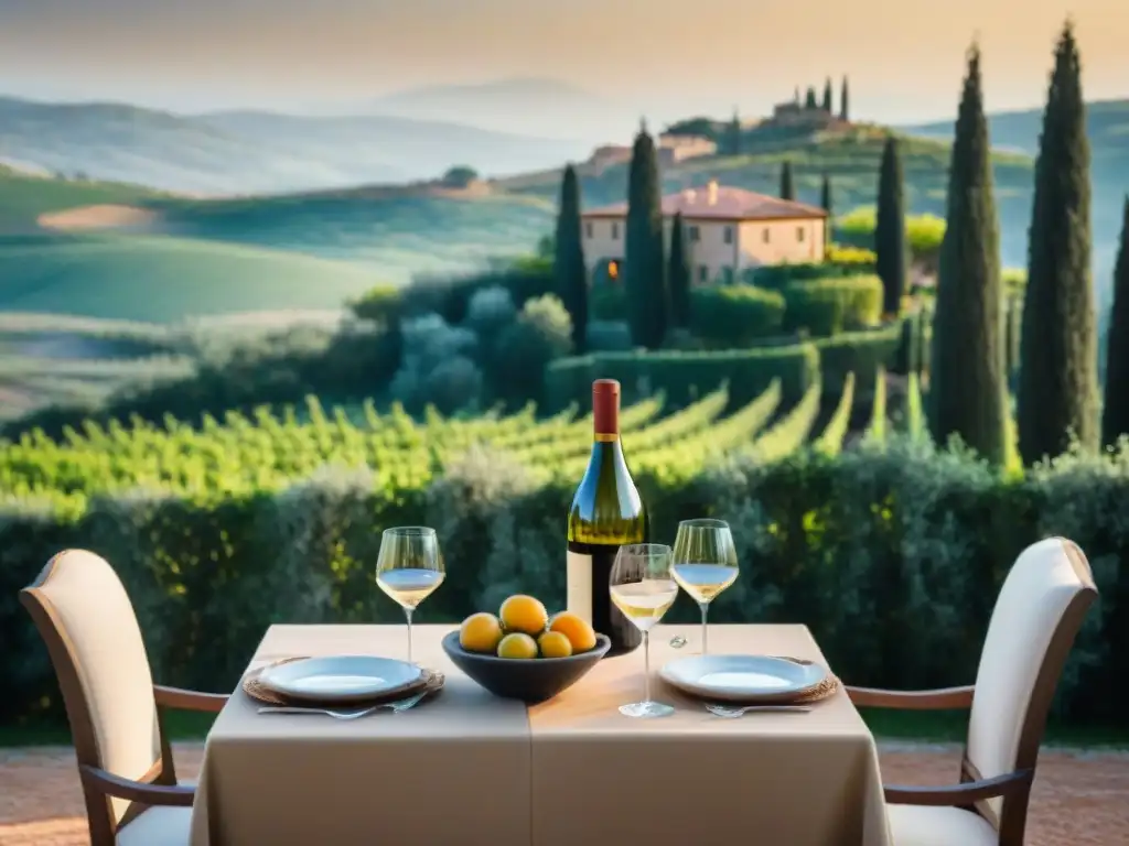 Un elegante villa toscana rodeada de viñedos y olivares, con piscina y jardines exuberantes