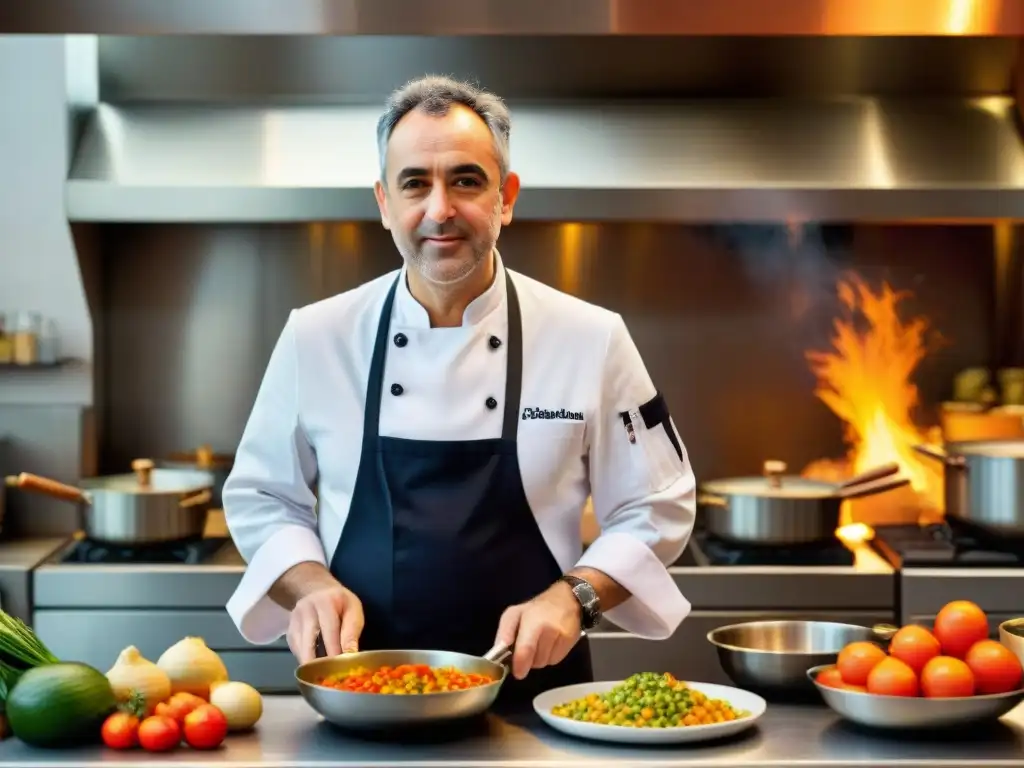 Ferran Adrià en su elemento, creando magia culinaria en una cocina internacional llena de vida y color