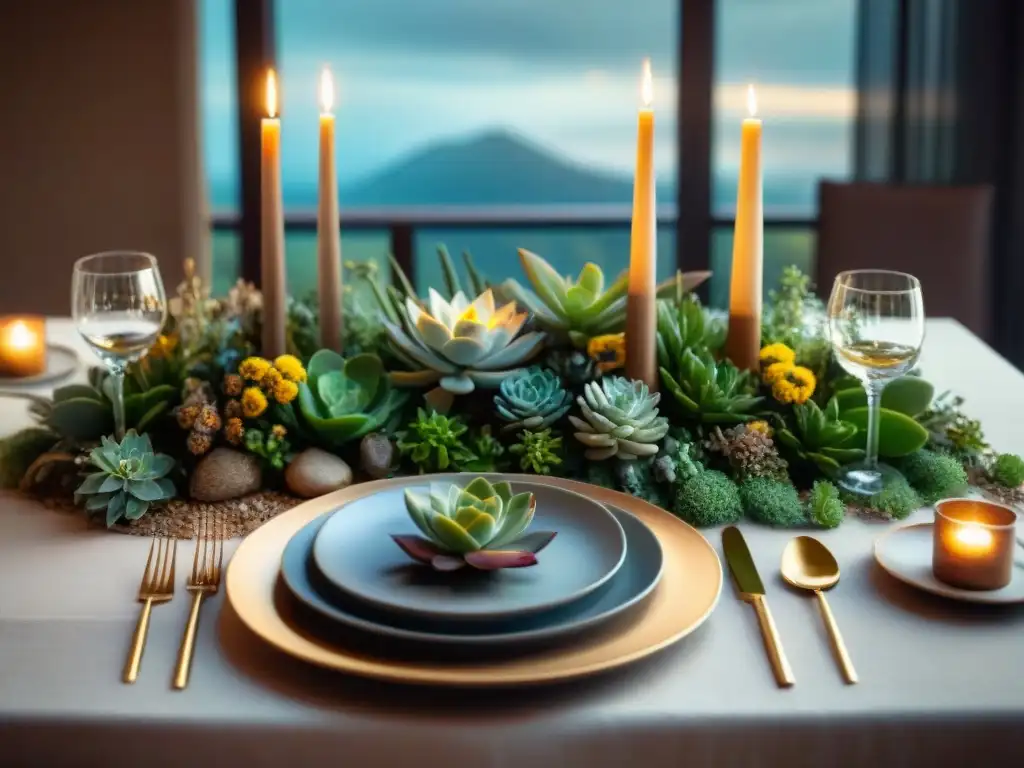 Elementos naturales en mesa gourmet con centro de mesa elegante y cálida iluminación de velas