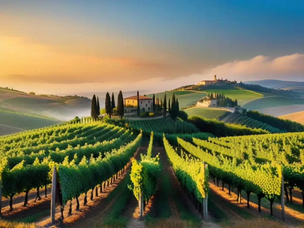 Emblemático viñedo en Toscana, Italia, con colinas y viñedos bajo la luz dorada del atardecer