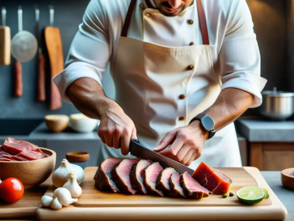 Cortando lomo embuchado en casa con maestría en cocina rústica