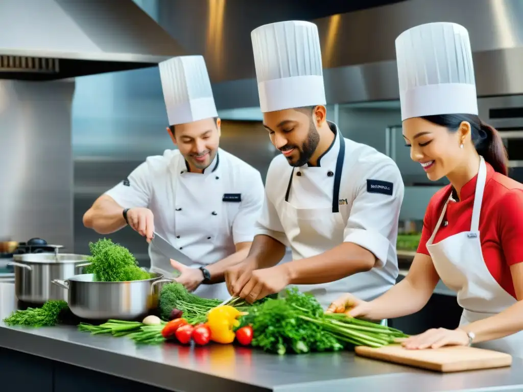 Un emocionante taller interactivo de gastronomía gourmet con chefs aficionados entusiastas aprendiendo de maestros culinarios en una cocina moderna