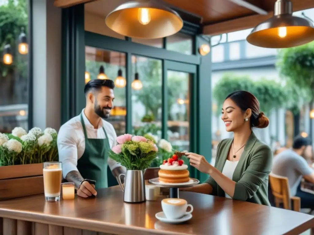 Un encantador café con encanto, rodeado de flores y vegetación, donde se sirven desayunos gourmet