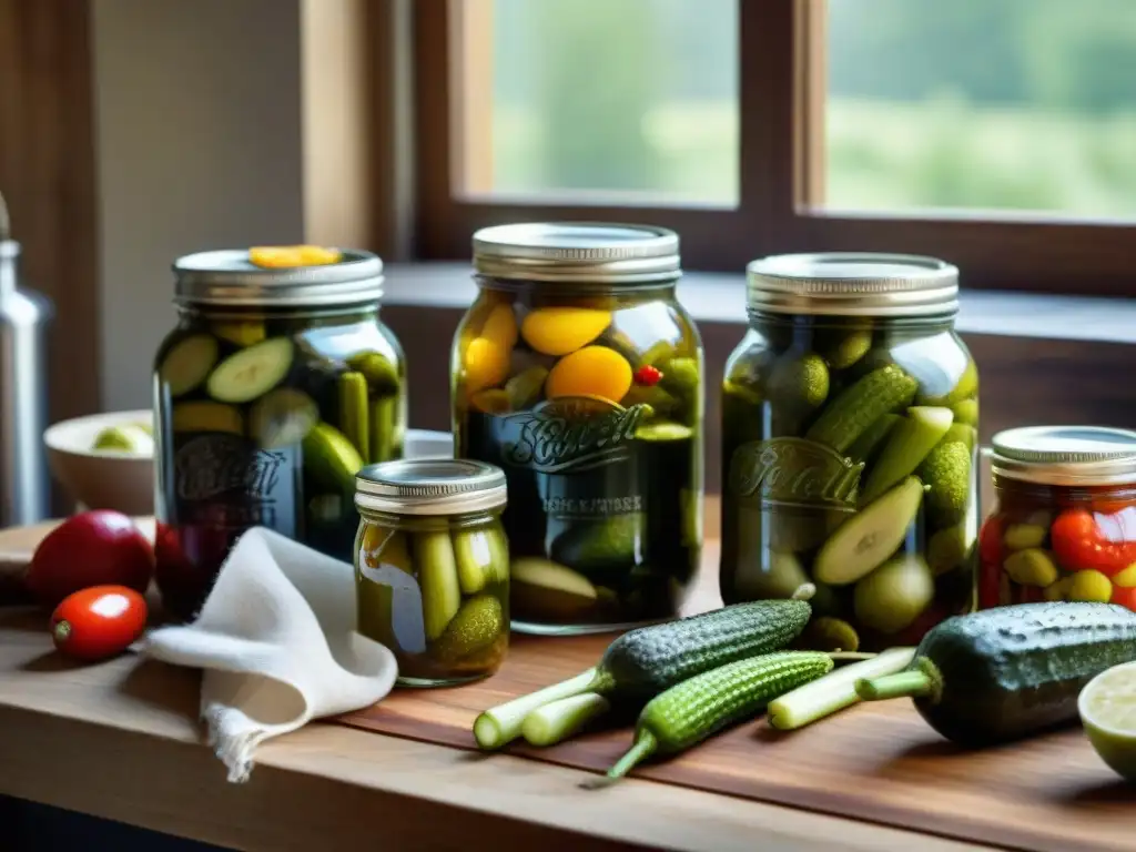 Encantador escenario de encurtidos gourmet: sabor tradición en una mesa de cocina rústica