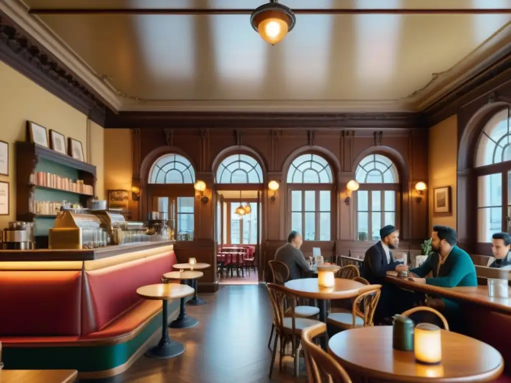 Historic Café: Detalles arquitectónicos y ambiente acogedor Encantadora cafetería histórica: techos ornamentados, candelabros vintage, ambiente acogedor con clientes variados disfrutando café artesanal