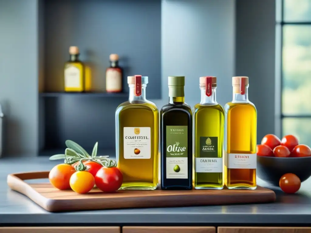 Una encantadora cocina con aceites de oliva gourmet premium en elegantes botellas de vidrio, bañadas por la cálida luz del sol