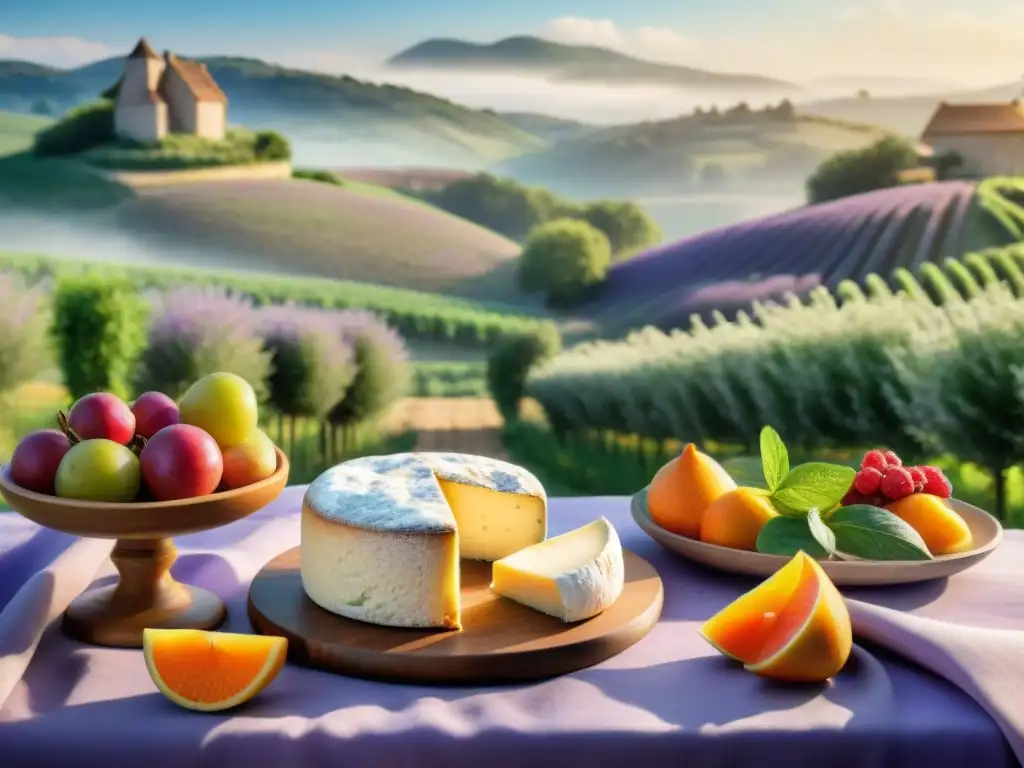 Encantadora escena gourmet en la campiña francesa con quesos artesanales y frutas, en la Ruta del queso Europa gourmet