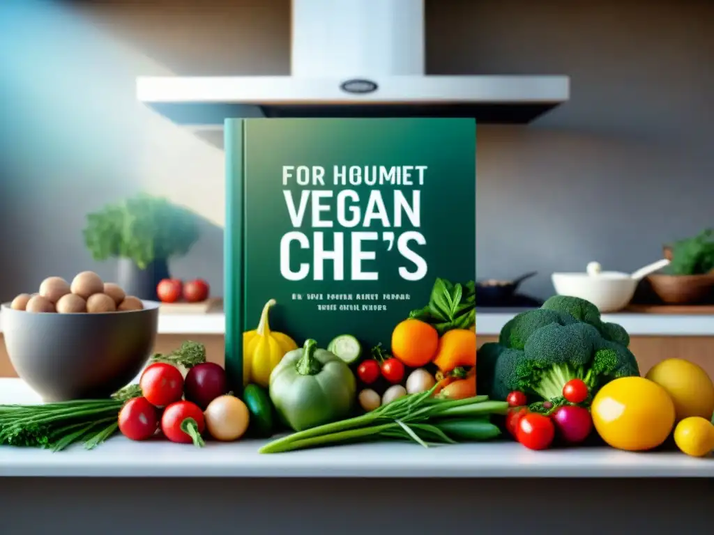 Una encantadora imagen de cocina vegana gourmet con libros de inspiración entre vegetales y frutas frescas, bañados por luz cálida