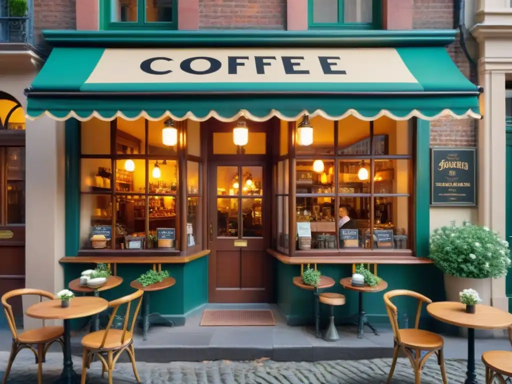 Encanto oculto de cafeterías históricas en un pintoresco café de antaño en calle empedrada