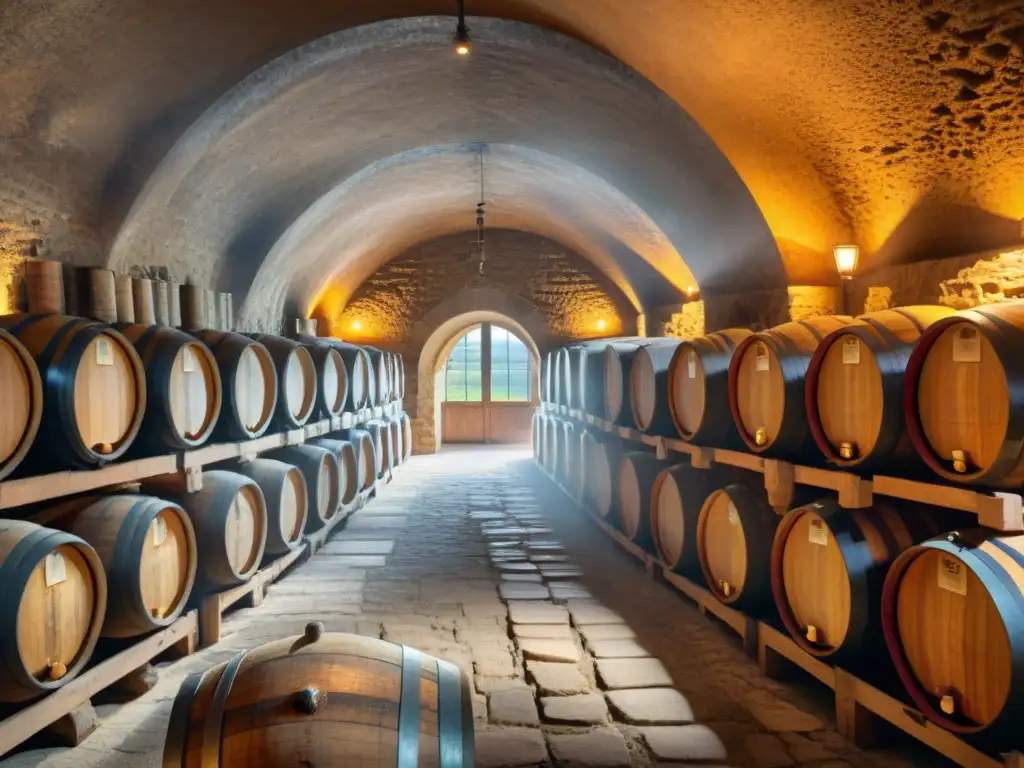 Enigmática bodega subterránea con barricas de roble, etiquetas de vino en caligrafía elegante