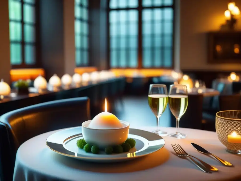 Enigmático comedor en restaurante estrella Michelin menos conocido, con mesa elegante iluminada por una vela