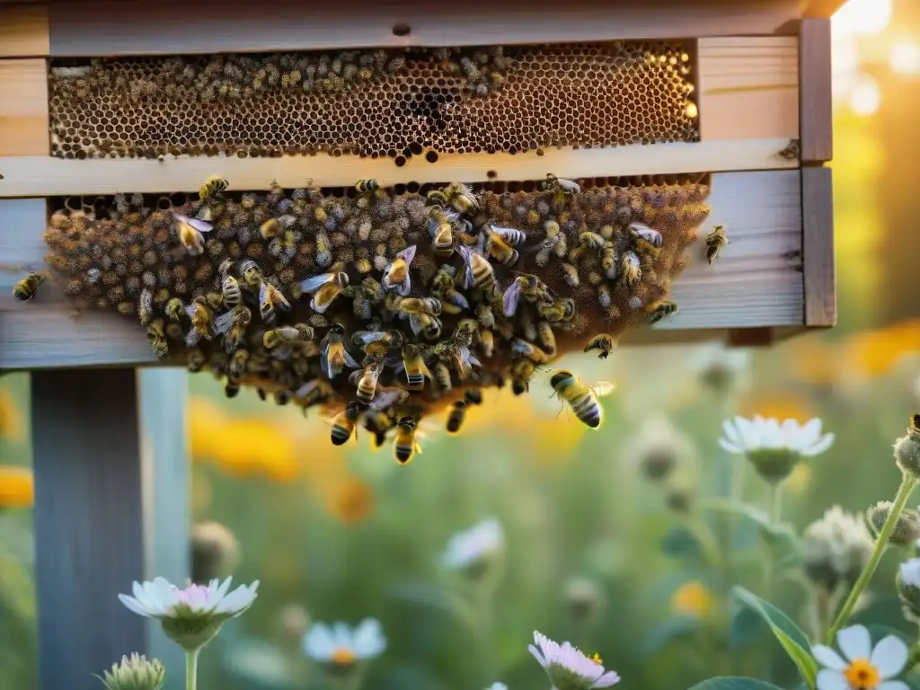 Un enjambre de abejas laboriosas entre flores silvestres alrededor de una colmena de madera rústica