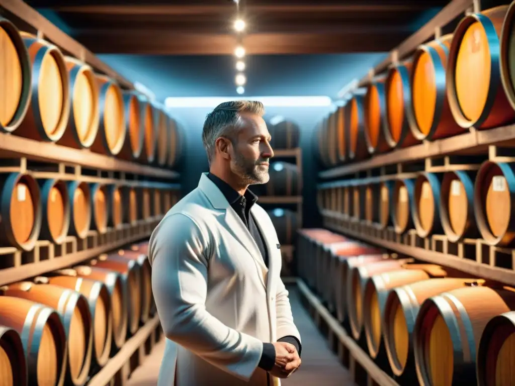 Un enólogo profesional inspecciona vinos naranja en una moderna bodega, reflejando innovación y dedicación