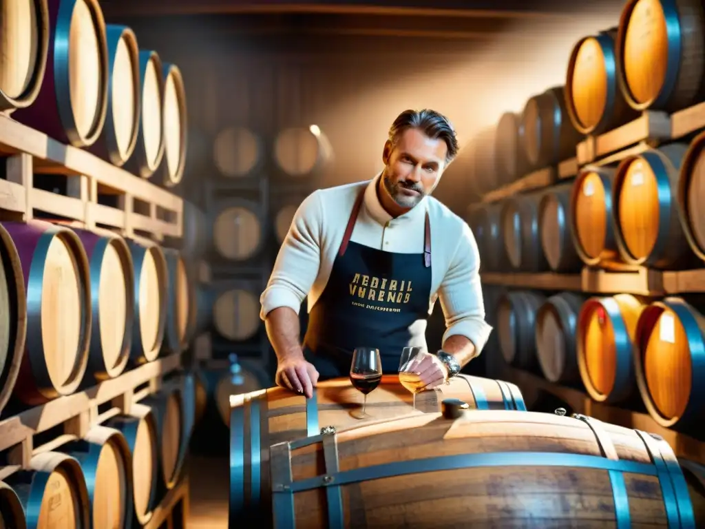 Un enólogo hábil mezclando secretos vinos europeos en una bodega tradicional, rodeado de barricas de roble y herramientas, bajo una cálida iluminación