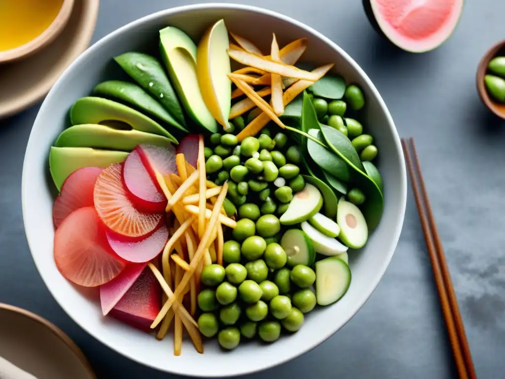 Una ensalada asiática fresca gourmet con una variedad de ingredientes exóticos y coloridos, servida en un bol elegante sobre una mesa moderna