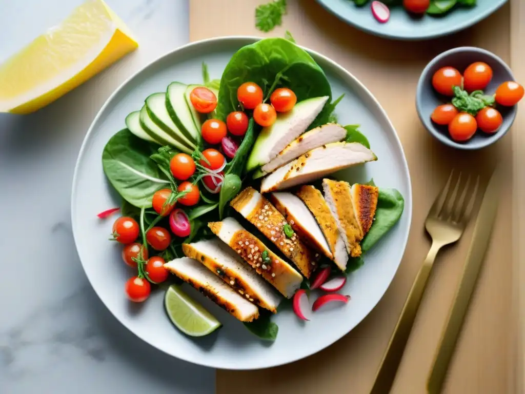 Una ensalada asiática fresca gourmet con ingredientes vibrantes en un plato blanco moderno