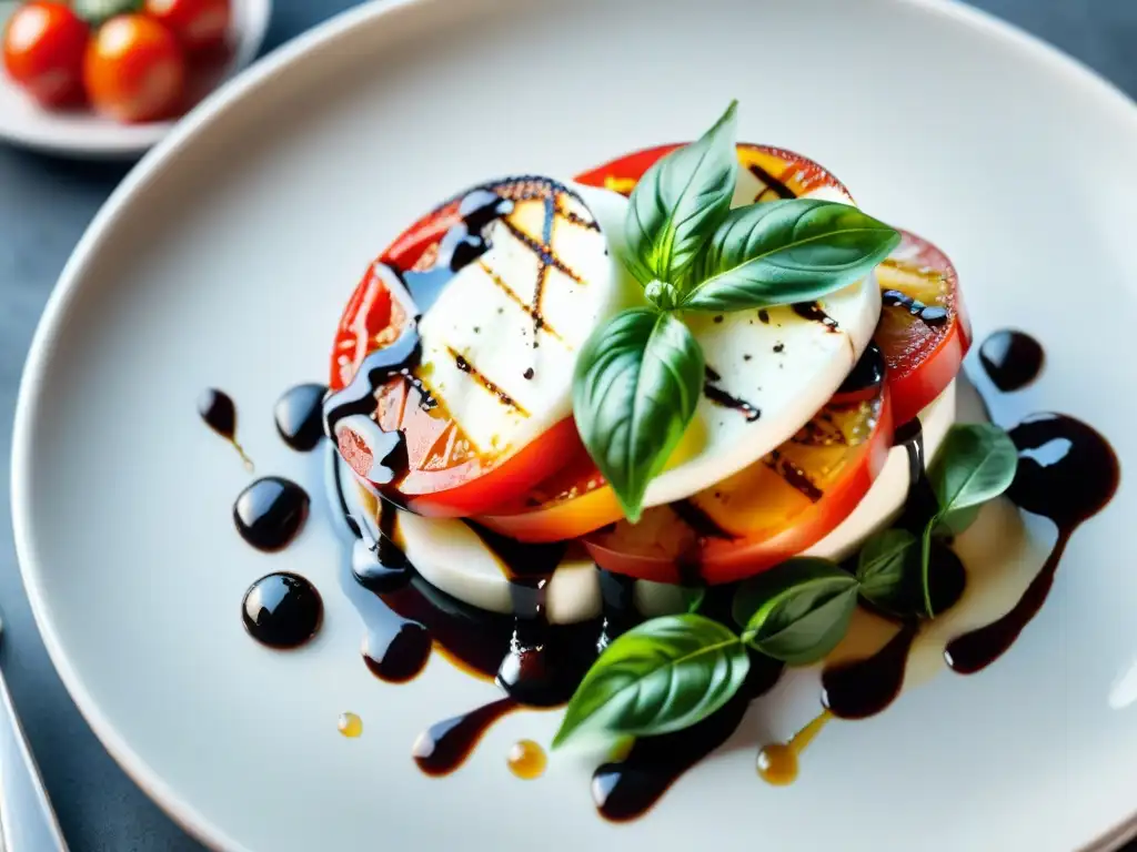 Una ensalada Caprese gourmet con vinagre balsámico, tomate, albahaca y mozzarella en plato blanco