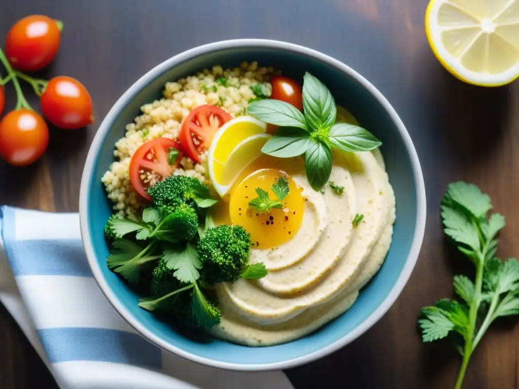 Una ensalada Tabulé gourmet: fresca y colorida, con bulgur, limón, tomate, perejil, aceite de oliva, sumac, menta, hummus y pan pita