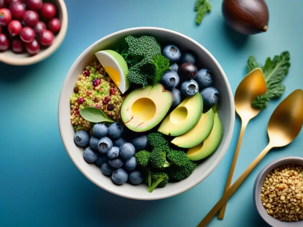 Una ensalada gourmet llena de superalimentos frescos y coloridos que resaltan los beneficios saludables