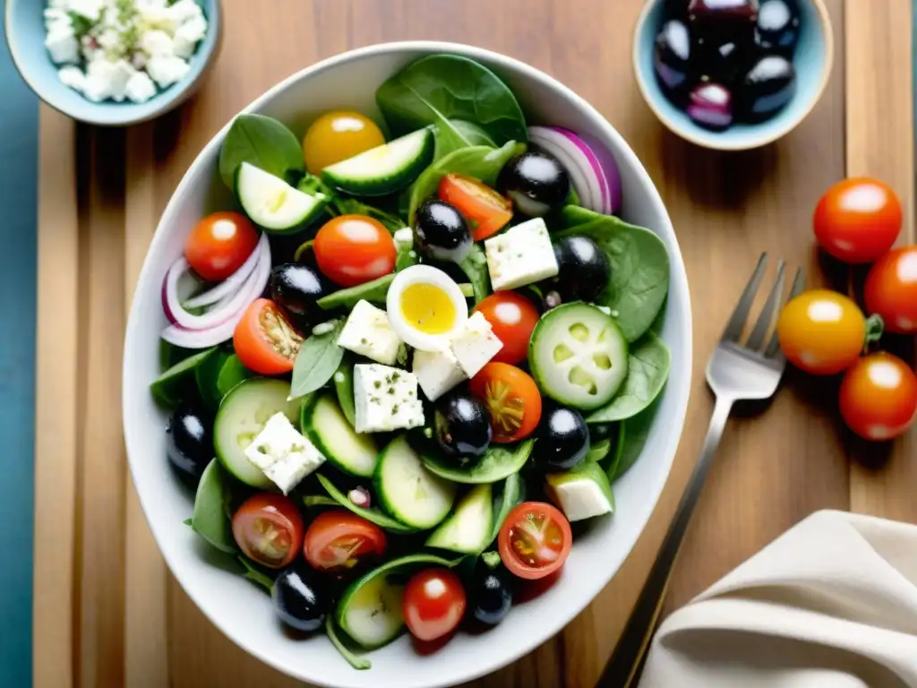 Una ensalada griega fresca y colorida en una mesa de madera rústica, con ingredientes vibrantes y deliciosos