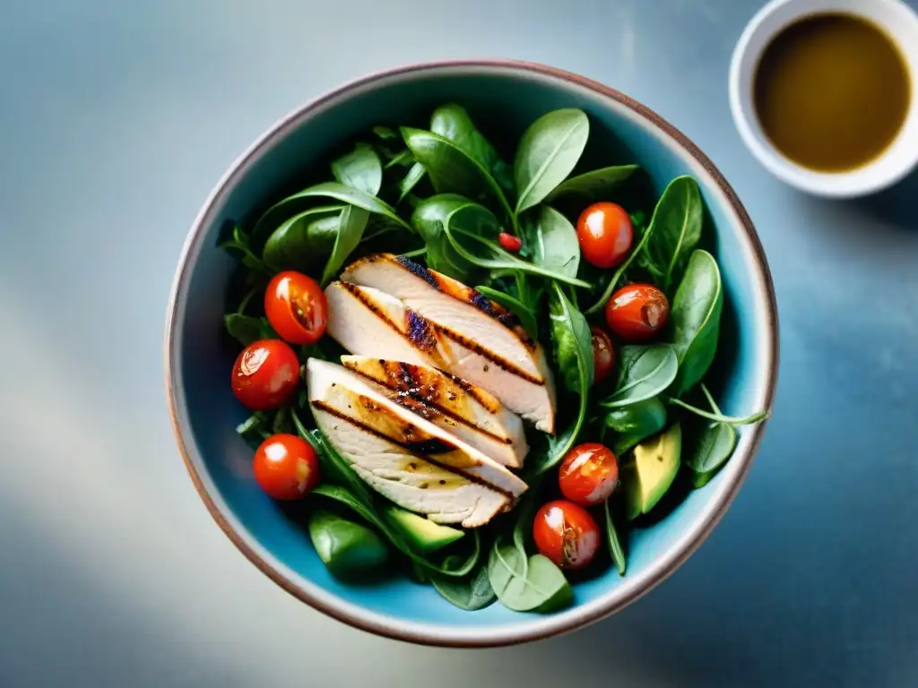 Una ensalada vibrante con arúgula, tomates cherry, aguacate y pollo a la parrilla, bañada en vinagre balsámico