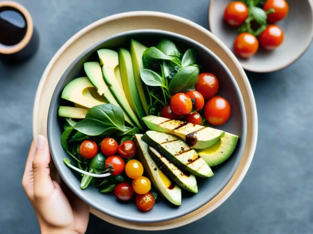 Una ensalada vibrante llena de vegetales frescos, aderezada con vinagre balsámico vegano