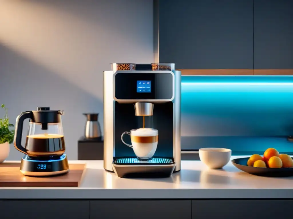 Un entorno futurista con Gadgets de cocina innovadores como La Cafetera Inteligente Programable, destacando diseño y tecnología