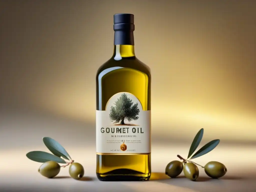 Envase de aceite de oliva gourmet con diseño elegante en un olivar mediterráneo