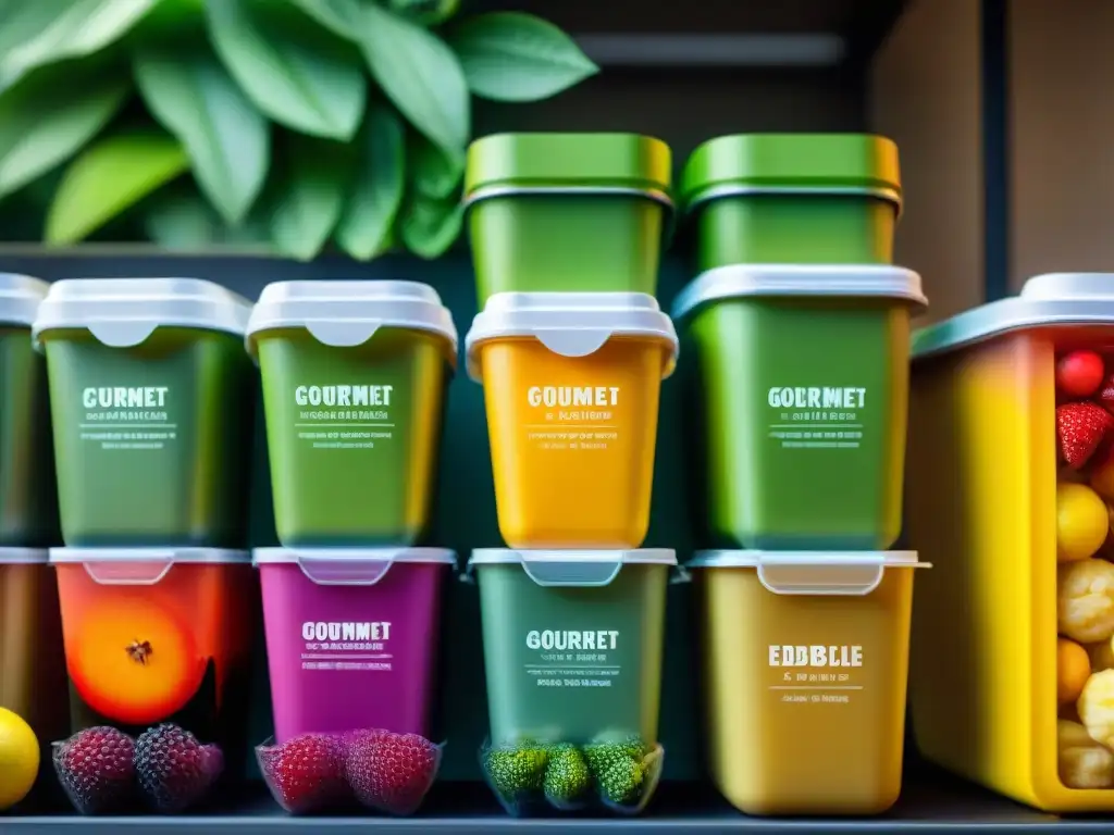 Envases comestibles gourmet innovadores: variedad de envolturas comestibles sostenibles con diseños detallados y colores vibrantes para alimentos