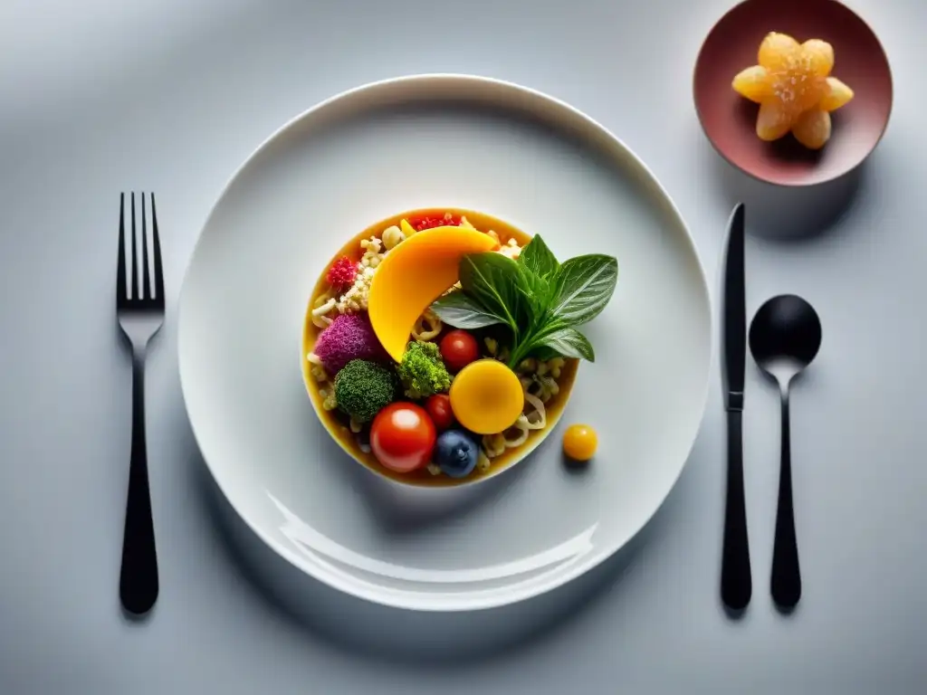 Envases comestibles gourmet innovadores: Plato sofisticado con comida gourmet presentada en envoltura comestible