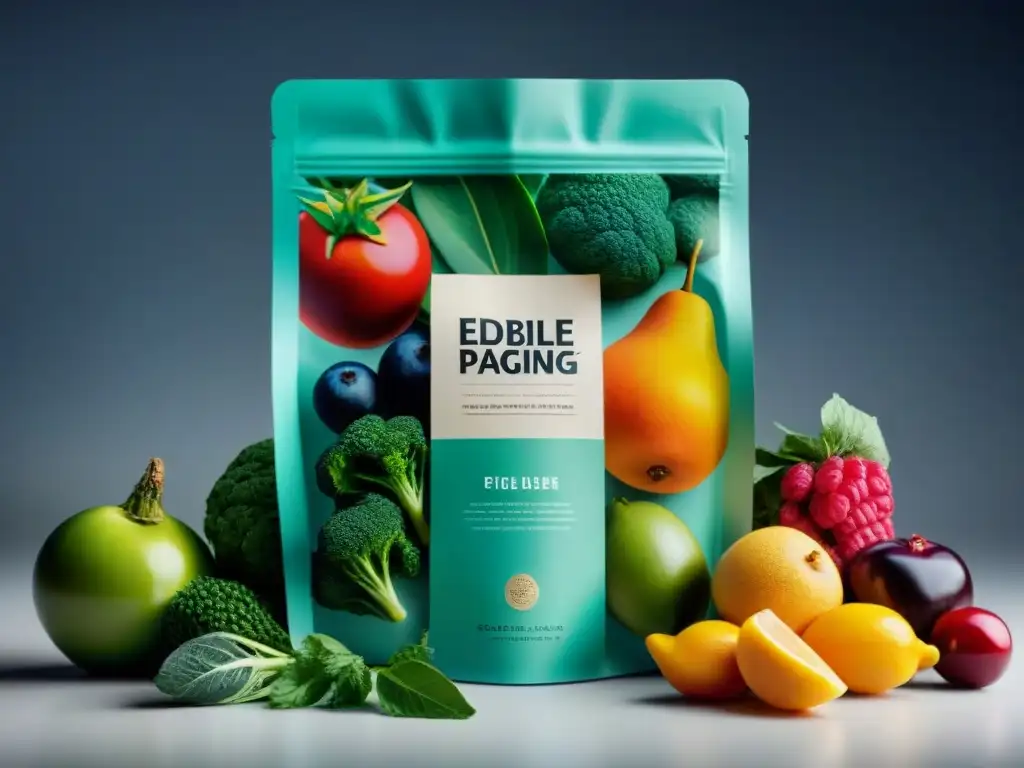 Envases comestibles gourmet innovadores envolviendo frutas y verduras frescas en una cocina sofisticada
