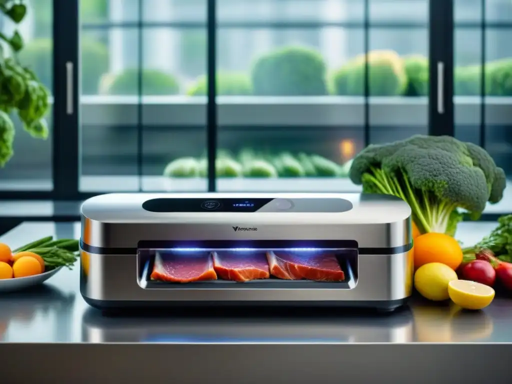 Equipamiento cocina vacío guía compra: Imagen detallada de envasadora al vacío en cocina elegante con ingredientes sellados al vacío