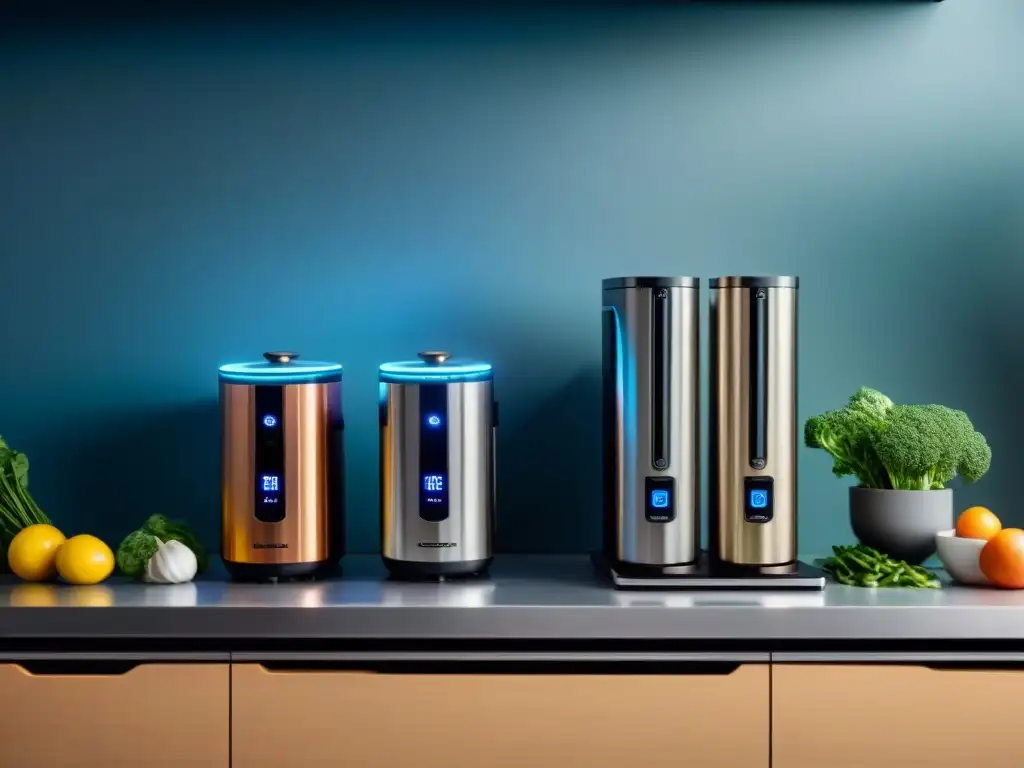 Equipamiento cocina vacío guía compra: Línea de elegantes máquinas sous vide en encimera moderna, destacando luces suaves y acabados metálicos