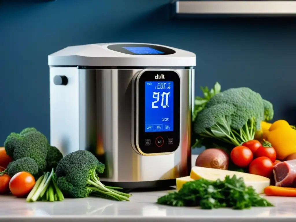 Equipamiento cocina vacío guía compra: Moderna máquina sous vide rodeada de ingredientes frescos en una cocina elegante y luminosa