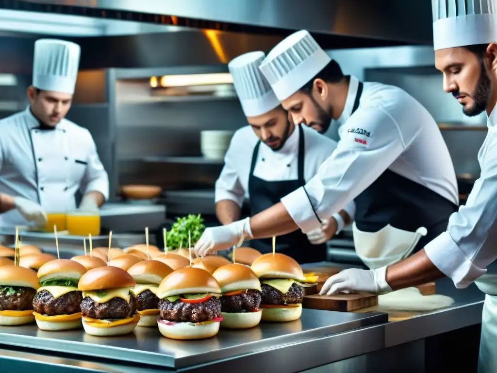 Un equipo de chefs expertos crea hamburguesas gourmet en una cocina moderna y bulliciosa, rodeados de ingredientes frescos y coloridos