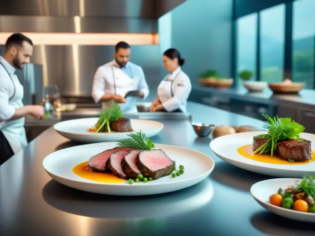 Un equipo de chefs expertos prepara platillos de Carne cultivada en alta gastronomía en una cocina moderna y elegante