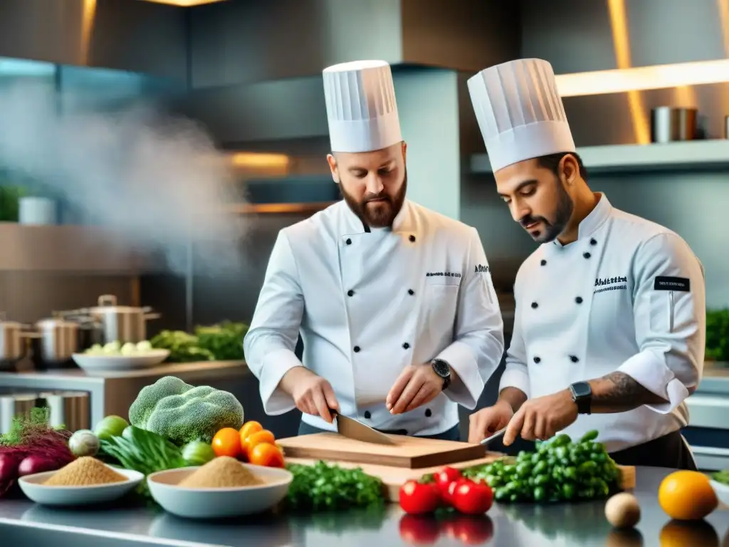 Un equipo de chefs internacionales preparando platos fusionados en una cocina moderna y elegante