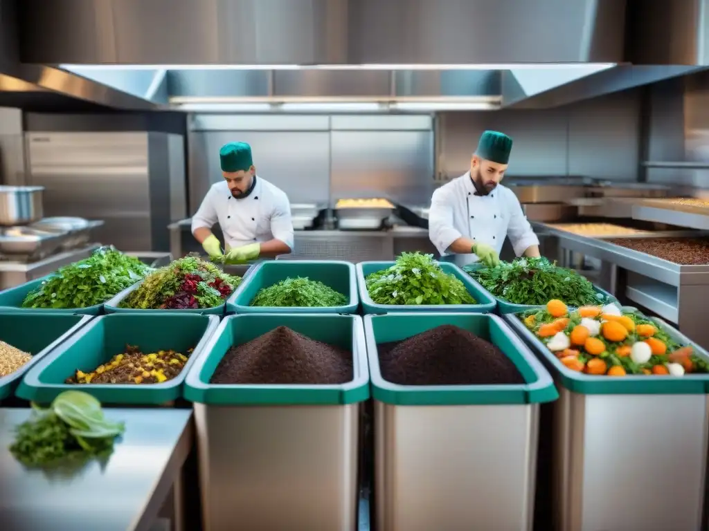 Equipo de cocina en restaurante ocupado resolviendo problemas comunes de compostaje