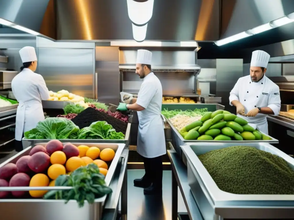 Un equipo diverso de chefs en una cocina de restaurante, separando residuos orgánicos para compostaje