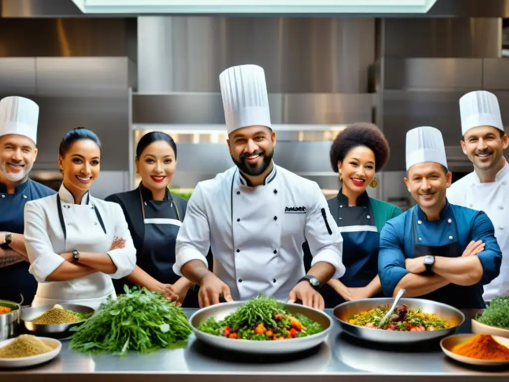 Un equipo diverso de chefs innovadores prepara platos étnicos con twist moderno en una cocina vibrante y bulliciosa