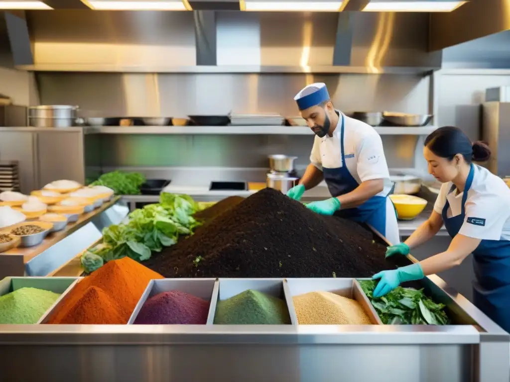 Un equipo diverso de chefs y personal en una cocina de restaurante, clasificando restos de comida en contenedores de compostaje