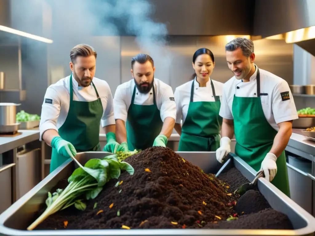 Un equipo diverso de chefs y trabajadores en una cocina bulliciosa, comprometidos en el compostaje para chefs conscientes