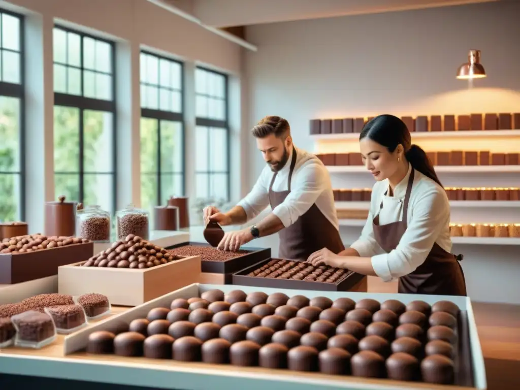 Un equipo diverso de chocolateros apasionados elaborando barras de chocolate artesanal en una fábrica moderna, rodeados de ingredientes premium