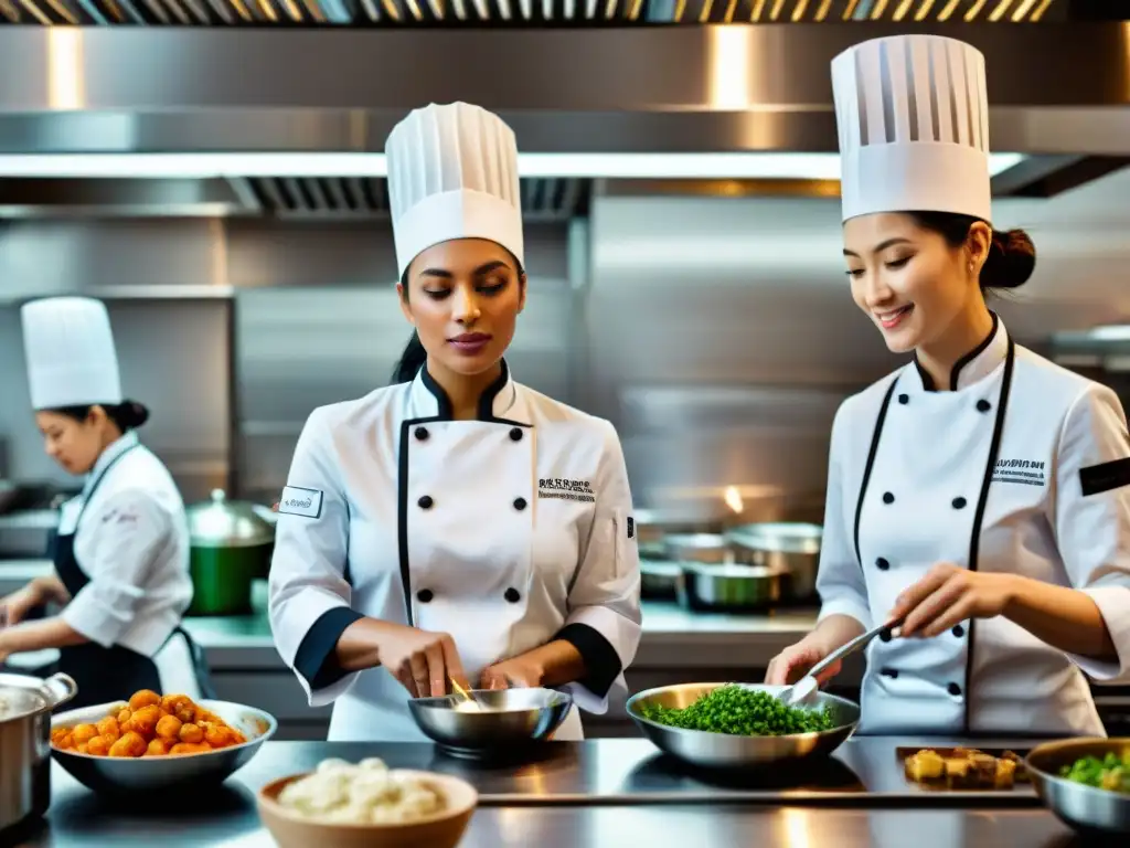 Un equipo diverso de mujeres chefs trabajando juntas en una cocina moderna y vibrante