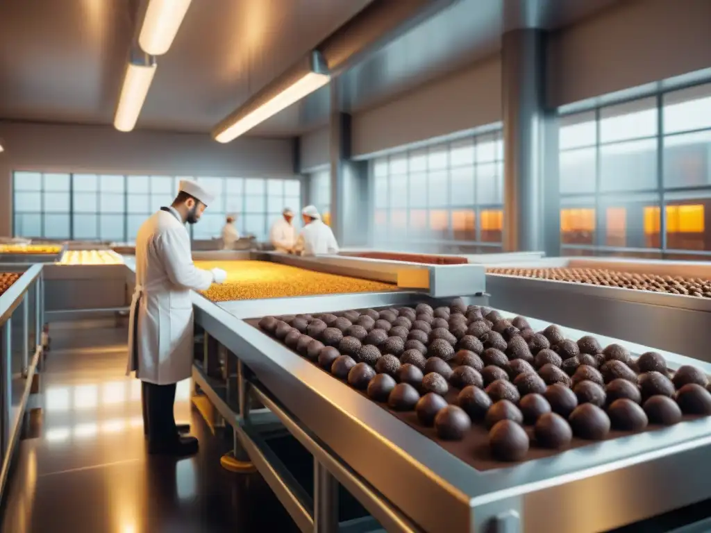 Escándalos chocolate industria gourmet: Una fábrica de chocolate de alta gama con maquinaria sofisticada y trabajadores meticulosos