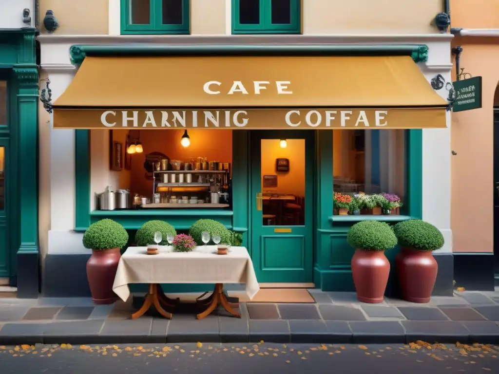 Escena acogedora en una cafetería histórica europea, con encanto y detalle, experiencia cafeterías entornos históricos