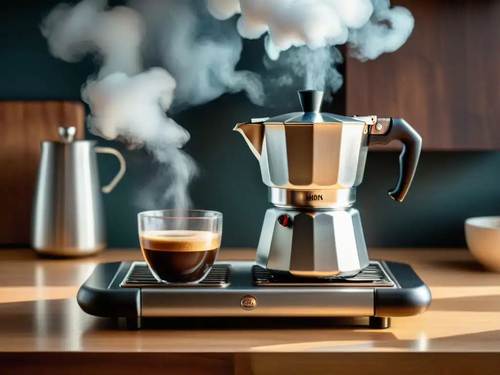 Una escena acogedora en la cocina con un elegante Moka Pot italiano de acero inoxidable sobre la estufa, cafecito aromático fluyendo