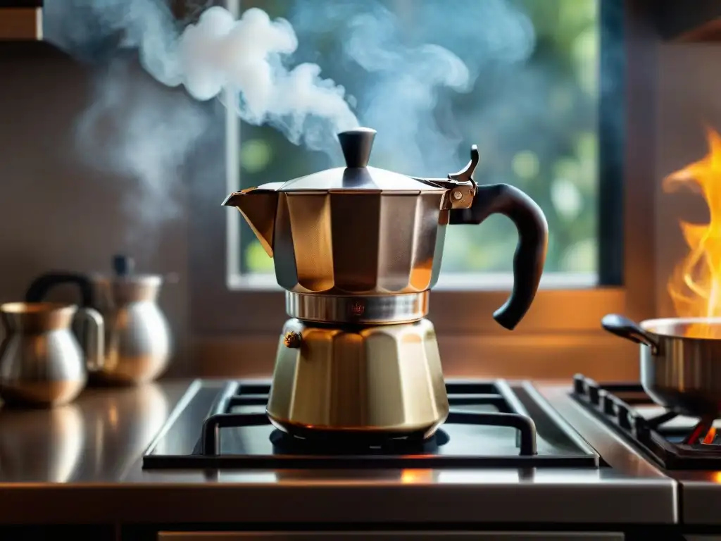 Una escena acogedora en una cocina italiana rústica con un Moka Pot brillante en una estufa de gas