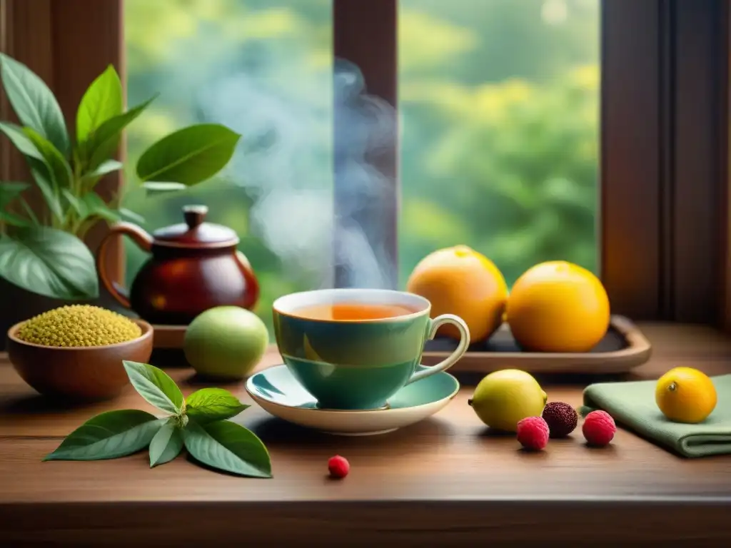 Una escena acogedora de una mesa de madera con taza de té humeante rodeada de frutas y hierbas frescas